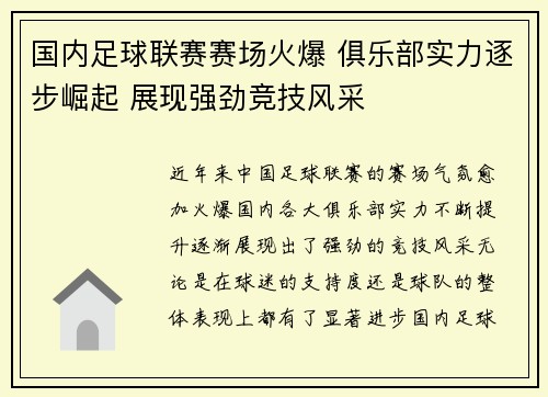 国内足球联赛赛场火爆 俱乐部实力逐步崛起 展现强劲竞技风采