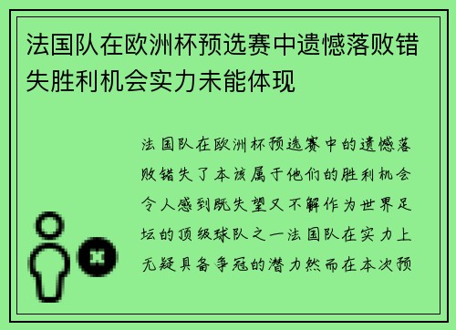 法国队在欧洲杯预选赛中遗憾落败错失胜利机会实力未能体现