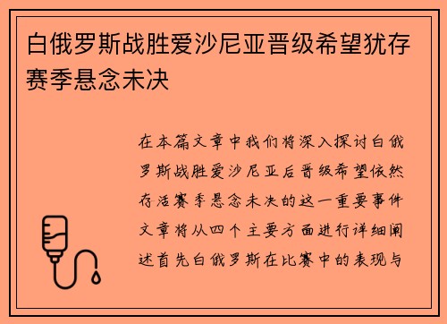白俄罗斯战胜爱沙尼亚晋级希望犹存赛季悬念未决