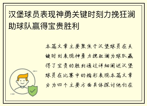 汉堡球员表现神勇关键时刻力挽狂澜助球队赢得宝贵胜利