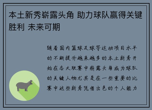 本土新秀崭露头角 助力球队赢得关键胜利 未来可期